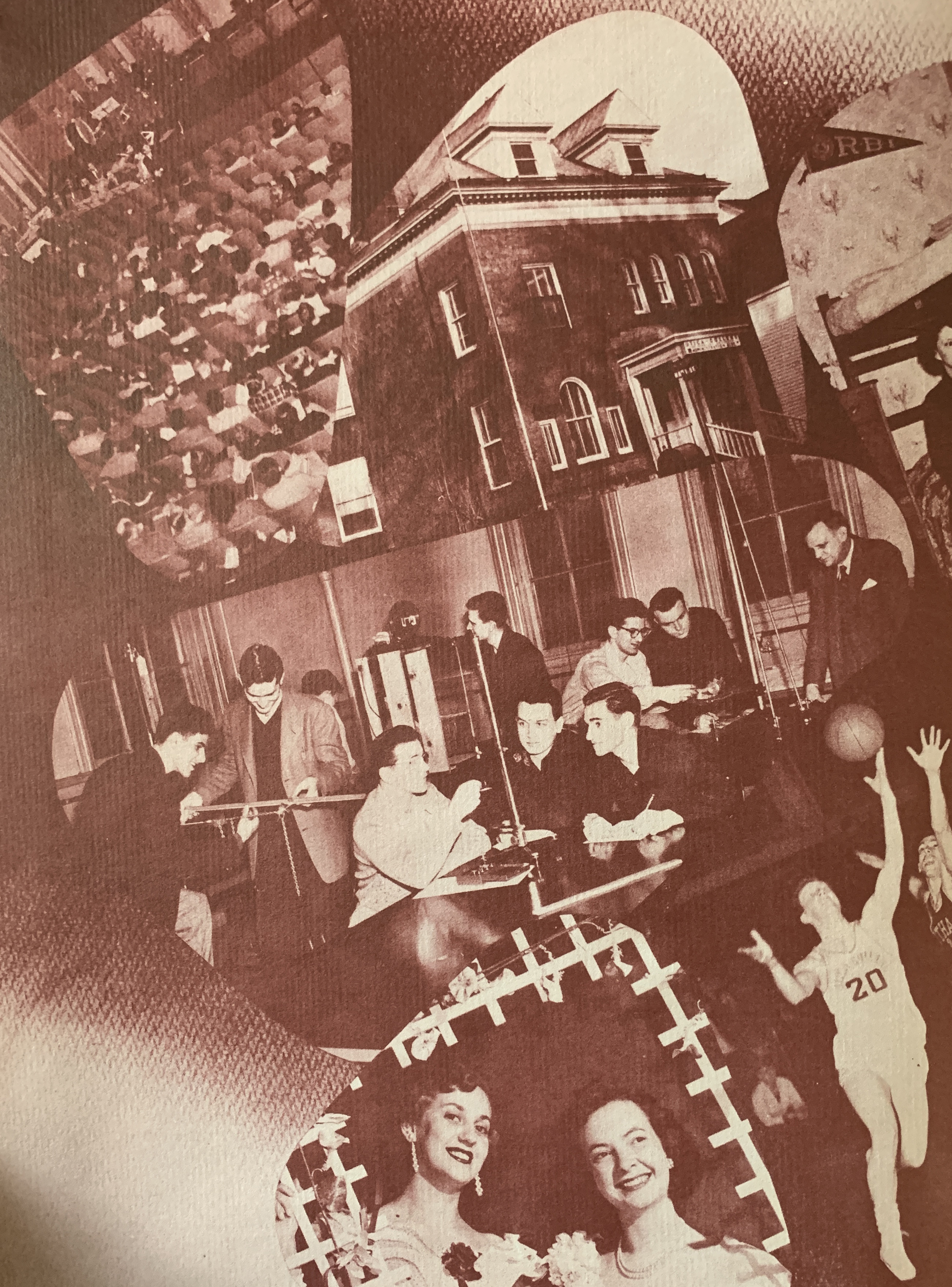 Sepia-toned photos of Utica College classes and people circa 1951.