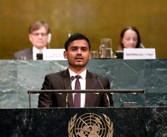 Ashham Saleel speaks in front of UN general Assembly