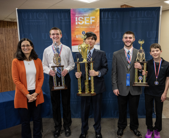 From left to right: Dean Sharon Wise, Trent Jenny-Senior Level Runner-up Grand Prize, Richard Xu-Senior Level Grand Prize, Jacob Southwick and Mason LaBella -Junior Level Grand Prize, Director Jessica Thomas (Photo Courtesy of Tobias Neto)